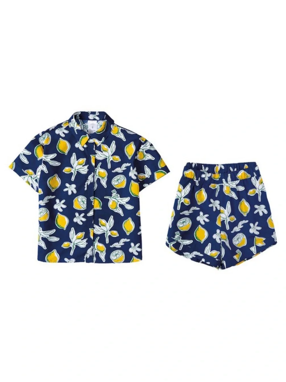SERRA Navy White Green Yellow Lemon Print Cotton Top Shorts Leisure Set - Picture 1 of 1